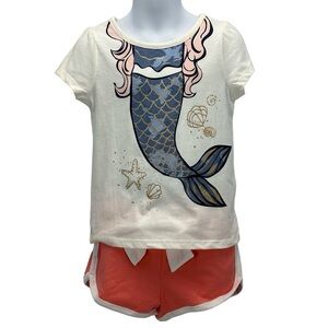 Bundle: Mermaid Print T-Shirt & Elastic Waist Bow Front Shorts - Ivory Pink - 4T